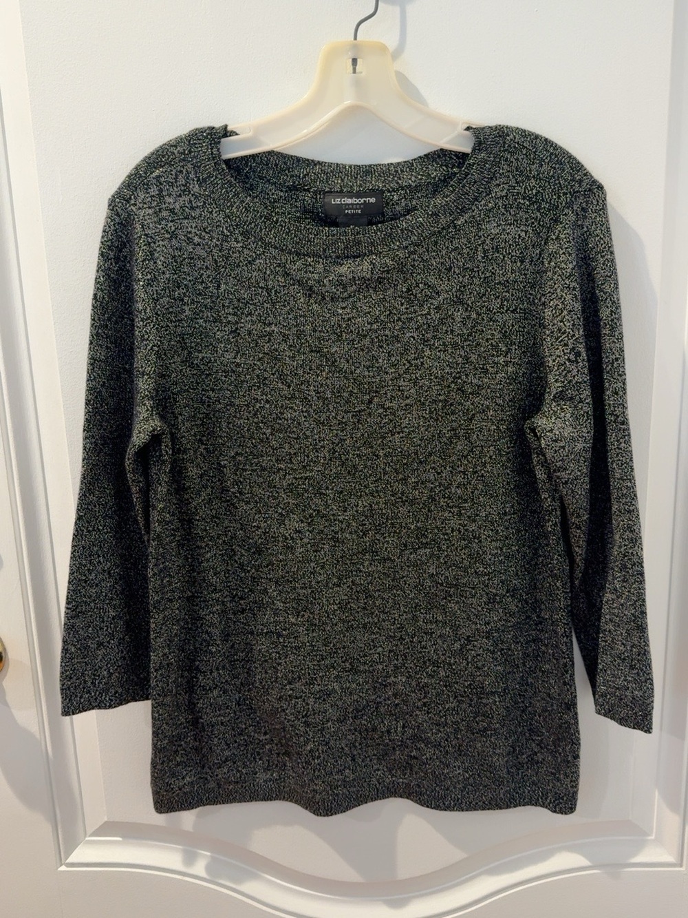 Liz Claiborne Career Petite PL Metallic Knit Pullover Sweater Black Silver